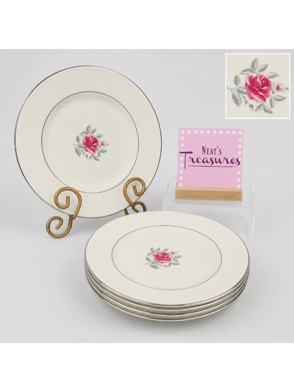 Flintridge China DELROSE Pink Rose Gray Leaves Platinum Trim Salad Plates Set 5